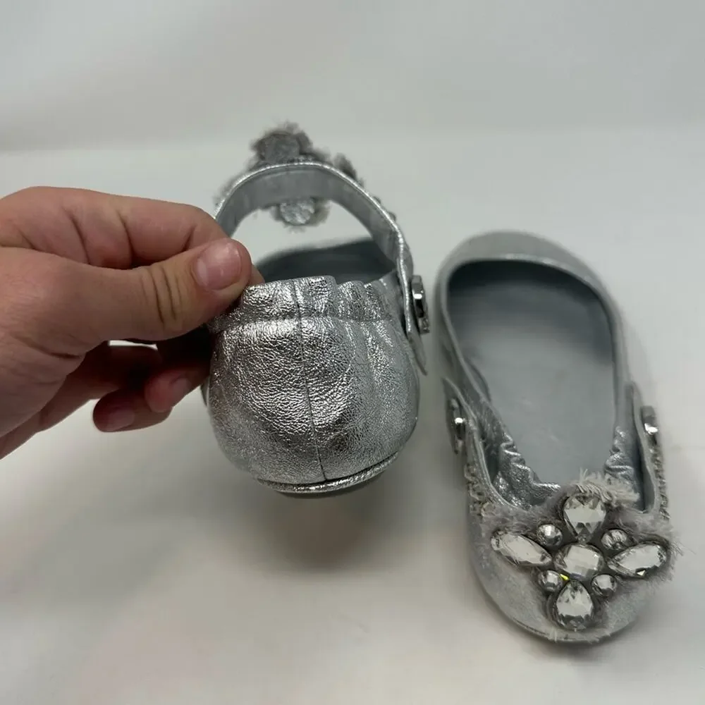 TORY BURCH Minnie Crystal Embellished Two Way Ballet Flat Silver Size 7.5
